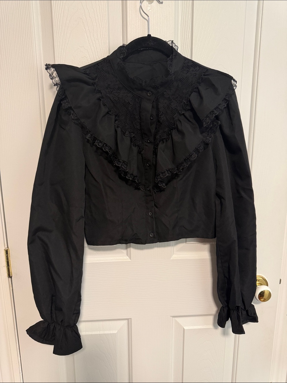 Black Ruffled Lace-Trim Victorian Blouse - Women
